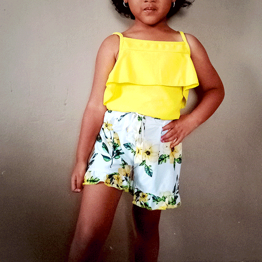 Ensemble petite fille crop et short jaune fleuri (5-6 yrs)